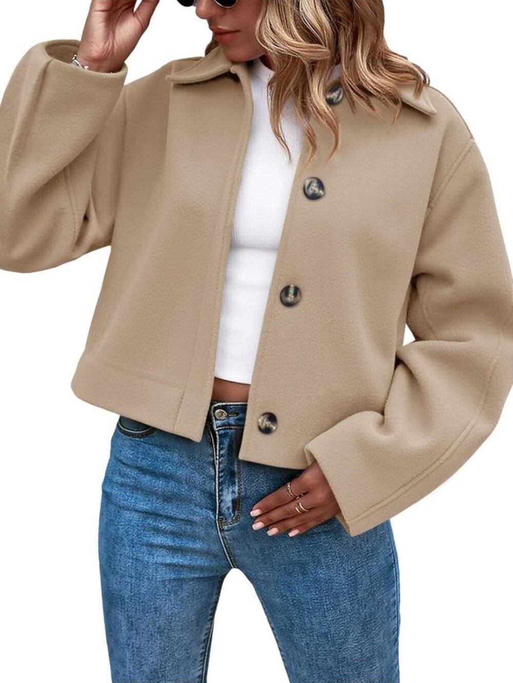 Chic Women's Cropped Pea Coat, Button Down, Fall Winter Short Outerwear